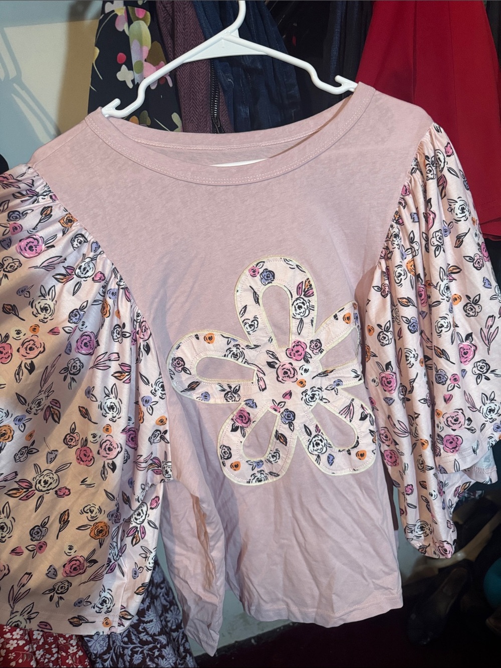 Pink Floral Puff-Sleeve Top - Brand Unlabeled